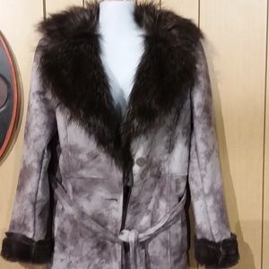 Allen b faux suede/ fur belted coat